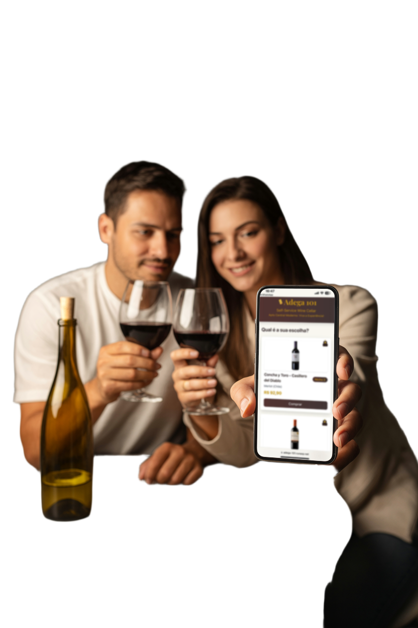 Casal desfrutando vinhos com o app Adega 101 no celular